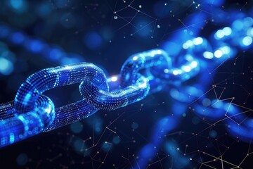 A photo capturing a blue chain, its links prominently connected to a network, Artwork depicting the peer-to-peer model of blockchain, AI Generated