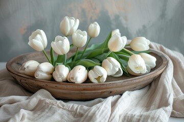 a wooden platter with eggs and white tulips