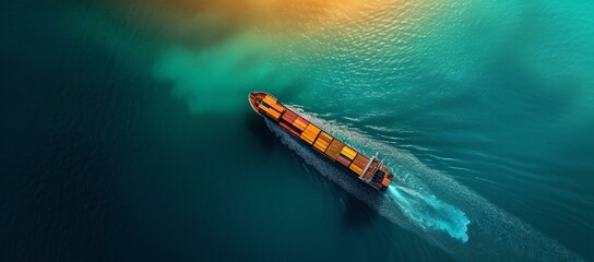 Cargo ship voyaging through turquoise waters under the golden hour sunlight. perfect image for transport and logistics concepts. AI
