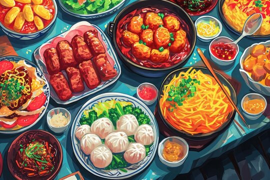 A vibrant painting showcasing a variety of delicious food items elegantly arranged on a table, Artwork for a food-oriented podcast with visually appetizing images of different cuisines, AI Generated