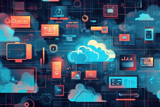 A collection of various electronic devices, such as laptops, smartphones, and tablets, displayed together, Artwork showing data flowing from multiple gadgets to the cloud, AI Generated