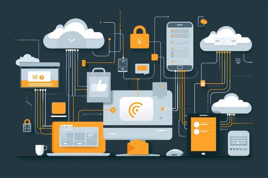 A collection of various devices connected to each other through a network, Artwork showing data flowing from multiple gadgets to the cloud, AI Generated