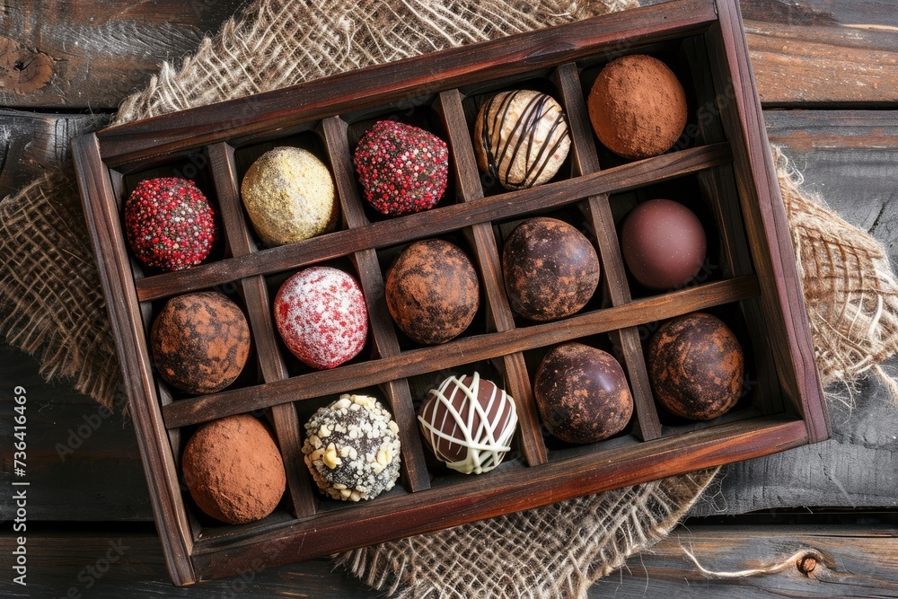 Poster a wooden box filled with various types of chocolates, creating a tempting display of delectable trea
