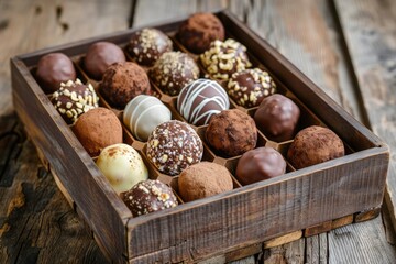 A wooden box filled with a variety of chocolates, showcasing a delectable assortment of sweet treats, Assorted Italian truffles in a rustic wooden box, AI Generated