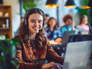 Positive project manager woman in  headphones speaking on video conference call from workplace, using laptop for business communication, streaming, broadcasting on Interne