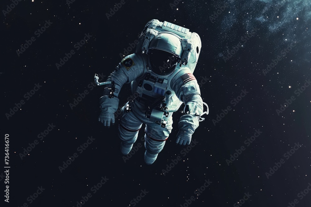 Poster an astronaut floats weightlessly in the vastness of space, surrounded by a backdrop of twinkling sta
