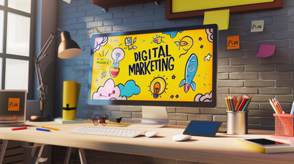 A creative workspace featuring a colorful digital marketing poster above a desk with a computer, glasses, and various office supplies.