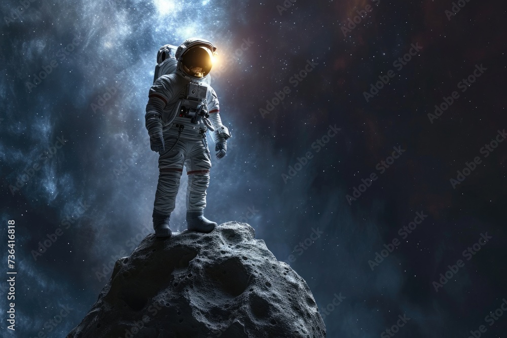 Poster an astronaut stands on a rock in the vastness of space, astronaut in spacesuit standing on asteroid 