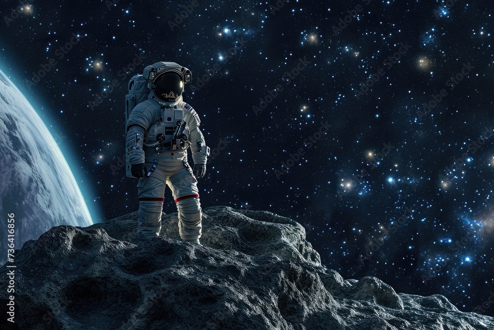 Poster an astronaut stands on top of a rock in the vastness of space, astronaut in spacesuit standing on as