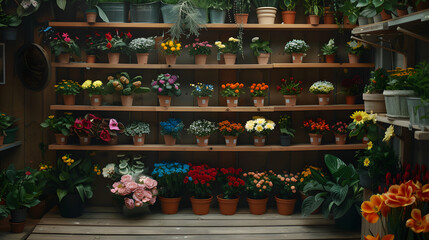 Fototapeta premium Photo of a flower shop display with various bouquets of flowers and potted plants on a wooden shelf
