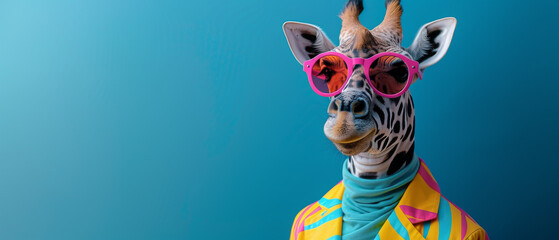 A playful cartoon giraffe struts confidently in a furry shirt and stylish pink sunglasses, exuding charm and individuality as a unique mammal in the animal kingdom