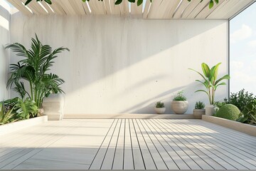 Empty outdoor roof terrace with potted plants 