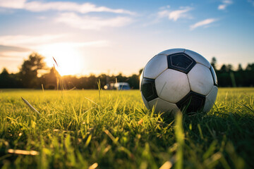 A soccer ball sits on top of a vibrant, well-maintained green soccer field under a clear sky.