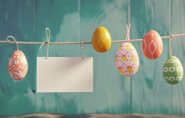 some colorful easter eggs hanging on some line and a blank card on the wire