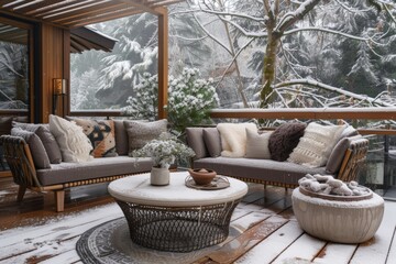 outdoor furniture on a snowy deck