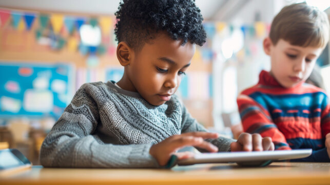 two young boys engaged with tablet computers, likely in a classroom setting with educational toys and decorations in the background. - Powered by Adobe