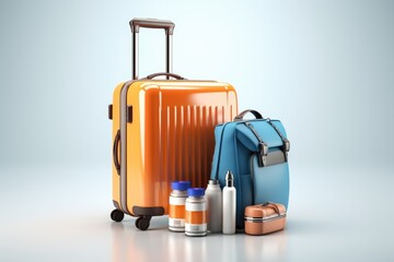 Suitcase with travel accessories on white background, suitcases and hat on blue background with palm leaves 3d rendering, AI generated