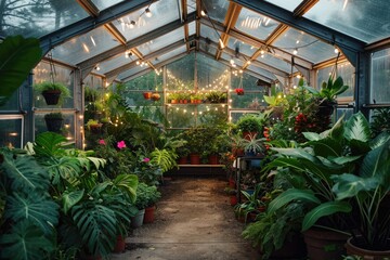 A greenhouse filled with a diverse array of plants thriving under the glow of numerous lights, Autilitarian-style greenhouse filled with tropical plants and hanging fairy lights, AI Generated