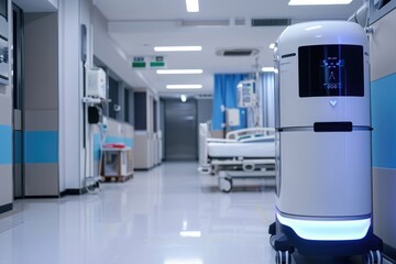 A robot stands in a hospital hallway, ready to assist with its programmed functionalities, Automatic sanitizer dispensing robot in a hospital, AI Generated
