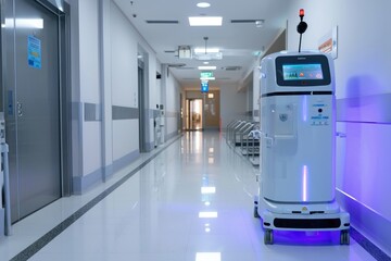 A hospital room featuring a helpful robot on the floor providing assistance to patients and medical staff, Automatic sanitizer dispensing robot in a hospital, AI Generated