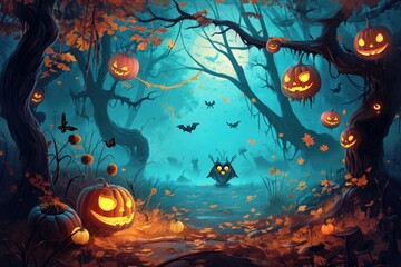 Fototapeta na wymiar A festive Halloween scene featuring a display of pumpkins and illuminated jack-o-lanterns, Autumn forest scene with Halloween decorations and nocturnal creatures, AI Generated