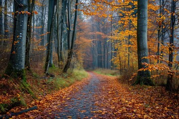 Fototapeta premium A pathway winding through a dense forest, with an abundance of fallen leaves covering the ground, Autumn foliage in a secluded forest path, AI Generated
