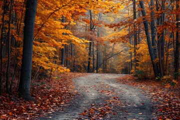 A dirt road meanders through a thick forest, surrounded by towering trees and undergrowth, Autumn foliage in a secluded forest path, AI Generated