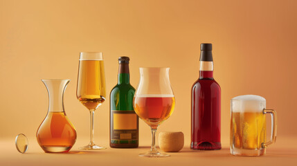 An assortment of alcoholic drinks in various glasses and bottles, with a carafe and a foamy mug of beer against a monochromatic orange backdrop.