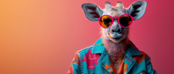 A fashionable giraffe confidently stands against a wall, sporting a pair of stylish sunglasses that perfectly complement its natural elegance and grace - obrazy, fototapety, plakaty