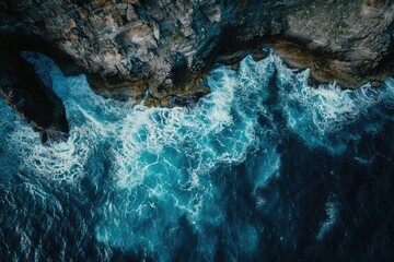 Aerial View of the Deep Blue Ocean With Waves Crashing Against Rocky Shoreline, Awe-inspiring aerial portrait of a rippling sea against a rocky headland, AI Generated