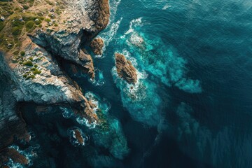 This aerial photograph captures the vast expanse of the ocean meeting rugged cliffs along a remote coastline, Awe-inspiring aerial portrait of a rippling sea against a rocky headland, AI Generated
