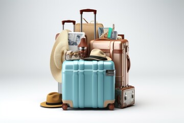 Suitcase with travel accessories on white background, suitcases and hat on blue background with palm leaves 3d rendering, AI generated