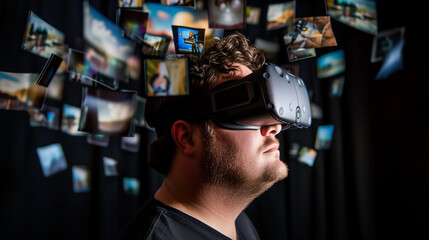 man in a virtual reality helmet on a black background, pictures and different content flying around the helmet.