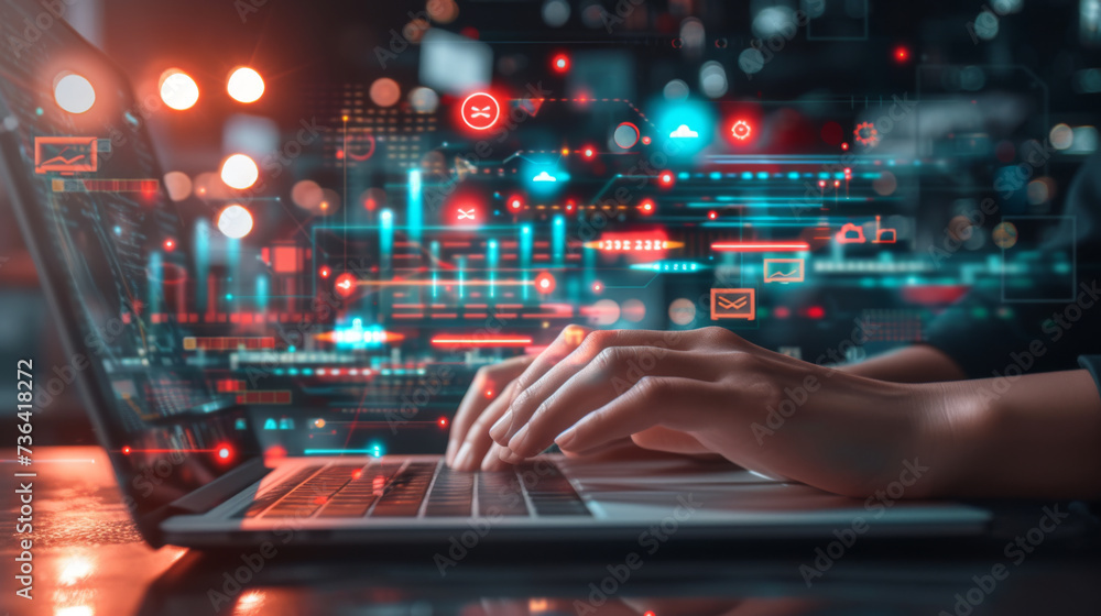 Poster person's hands are seen typing on a laptop keyboard, with futuristic digital graphics of charts, gra