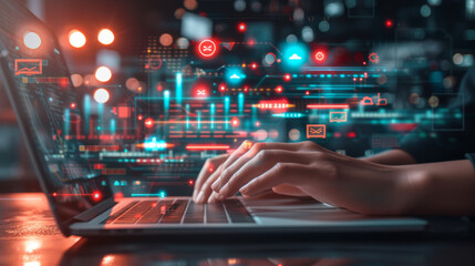 person's hands are seen typing on a laptop keyboard, with futuristic digital graphics of charts, graphs, and data analytics floating above the computer screen.