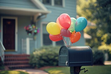 A collection of vibrant balloons protrude from a mailbox, creating a whimsical and joyous scene, Balloons tied to the mailbox, marking a birthday celebration, AI Generated