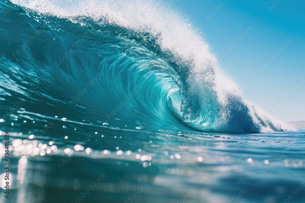Poster a massive wave breaks forcefully, creating a dramatic display of power and energy in the ocean, barr