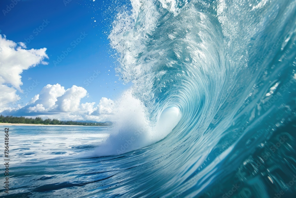 Poster a massive wave crashes forcefully against the shoreline, creating a dramatic display of power and en