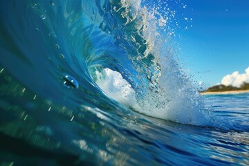 A massive wave crashes forcefully and sprays water into the air as it breaks over the ocean, adjacent to a sandy beach, Barrel wave breaking on a sunny day, AI Generated