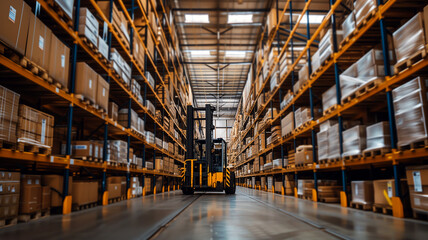 Forklift in warehouse aisle with shelves of goods representing logistics, distribution, commerce, and storage.