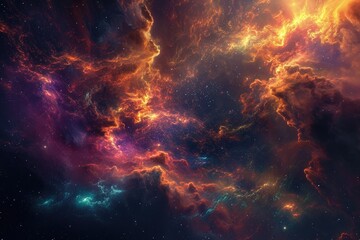 This photo shows a vibrant space filled with swirling clouds and shimmering stars, Beautiful color clashes forming a vibrant space nebula, AI Generated