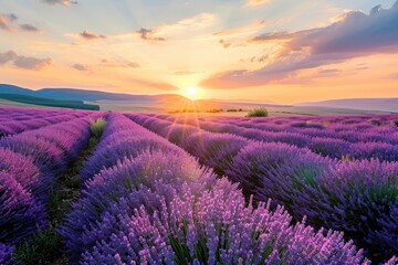 A stunning field of lavender flowers basking in the warm glow of the setting sun, Beautiful fields of blooming lavender under a radiant sunset, AI Generated