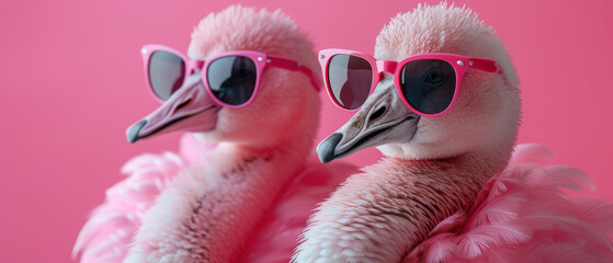 Two vibrant pink flamingos strutted along the sandy shore, their fashionable sunglasses reflecting the sun's rays and adding a touch of sass to their already fierce presence - obrazy, fototapety, plakaty
