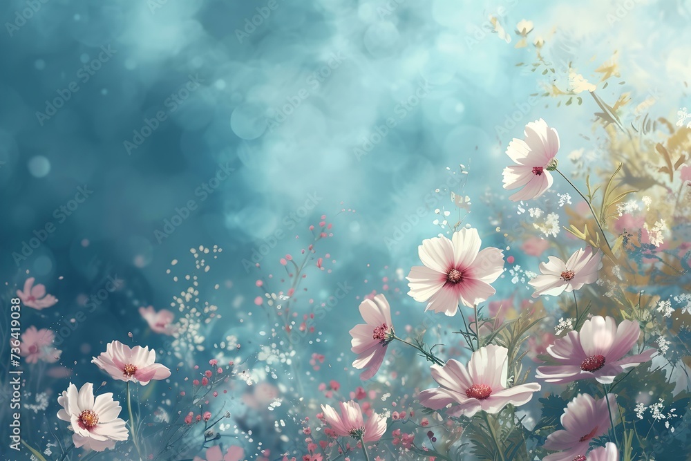 Sticker Serene floral scenery with delicate blossoms. dreamy art style, ideal for peaceful backgrounds. captivating nature illustration perfect for print and digital use. AI