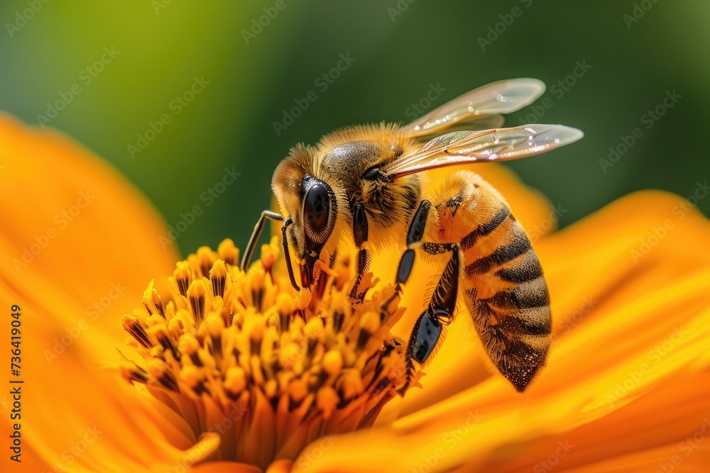 Poster a detailed view of a bee as it pollinates a flower, capturing the intricate relationship between the