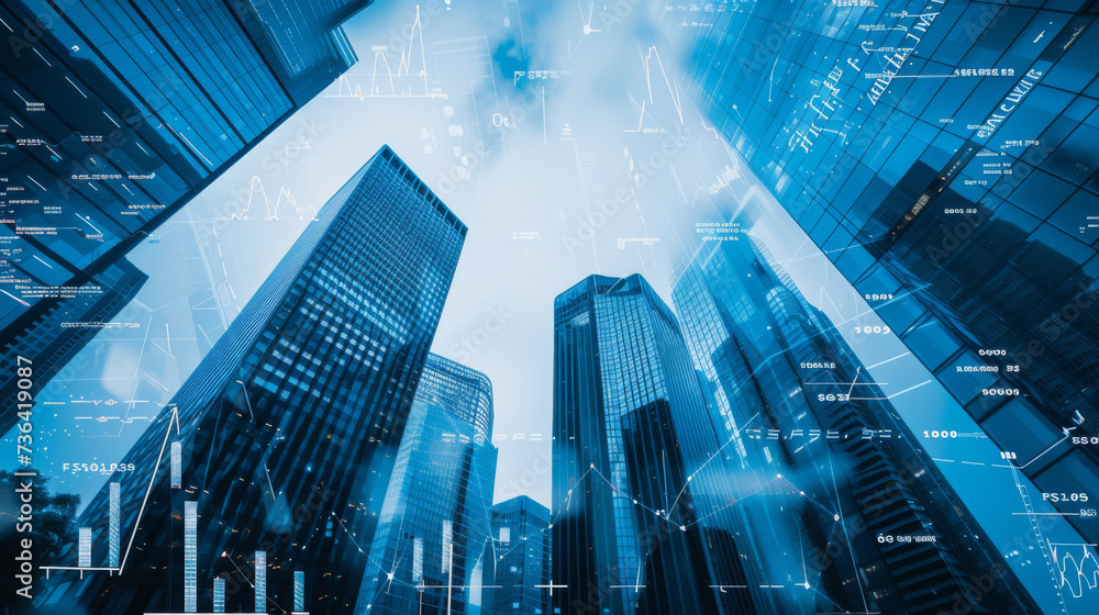 Aufkleber skyscrapers with superimposed graphs and numerical data, illustrating a concept of the business dist