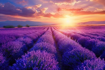 A photo of a vibrant lavender field with the sun setting in the background, creating a striking landscape, Beautiful fields of blooming lavender under a radiant sunset, AI Generated
