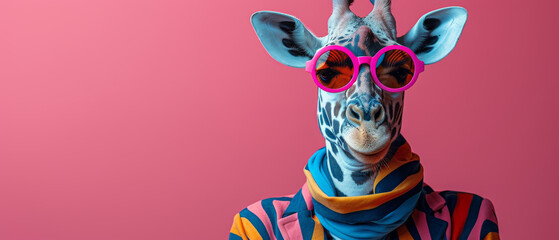 A fashionable giraffe dons pink sunglasses and a cozy sweater, bringing a touch of whimsy to the animal kingdom - obrazy, fototapety, plakaty