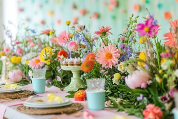 Obraz na płótnie Canvas A table is filled with an array of vibrant flowers and their petals, creating a lively and colorful display, Beautiful spring garden themed birthday party, AI Generated