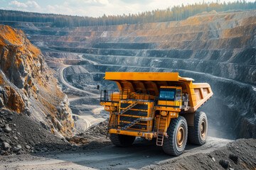 Yellow dump truck in quarry, Coal mining in an open pit - obrazy, fototapety, plakaty